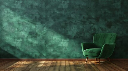 mesmerizing contemporary house interior showcasing a modern green armchair on an empty dark green wall background