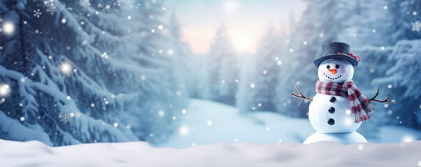Beautiful snowman in fairytale snowy landscape. Wallpaper and background.
