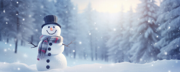 Fototapeta premium Beautiful snowman in fairytale snowy landscape. Wallpaper and background.