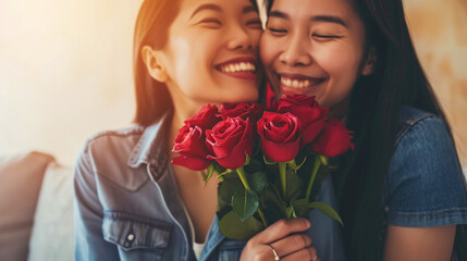 Happy asian young lesbian couple together holding flowers. Engagement celebration. Pride concept. Generative AI - obrazy, fototapety, plakaty