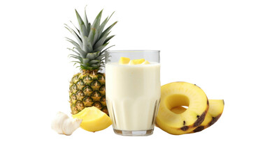 A glass of milk sits next to a pile of sliced pineapples, showcasing a simple and refreshing snack choice. The juicy fruit pairs well with the creamy milk, offering a balance of flavors.