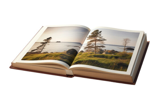 An open book displaying a detailed illustration of trees on its pages. The image depicts a close up view of the artistic depiction of nature on the books surface.