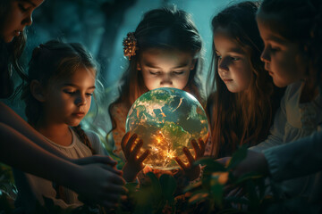 children of different races hold a glowing globe in their hands. magical atmosphere