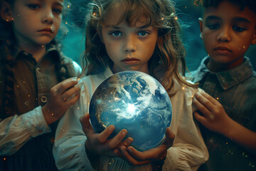 Naklejka premium children of different races hold a glowing globe in their hands. magical atmosphere