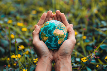 
earth day or climate day concept - globe in hands close up