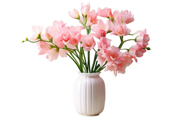 A white vase holds a bouquet of delicate pink flowers in full bloom. The flowers are arranged neatly within the vase, showcasing their vibrant color and graceful petals.