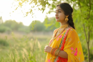 Elegant Indian woman wearing traditional clothing and jewelry in a natural setting. Fictional Character Created By Generated By Generated AI.