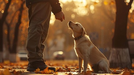closeup view of dog owner training his pet in park, fostering obedience and bond - obrazy, fototapety, plakaty