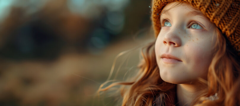 portrait of a beautiful girl looking at the sky in an orange, mustard or yellow hat. .