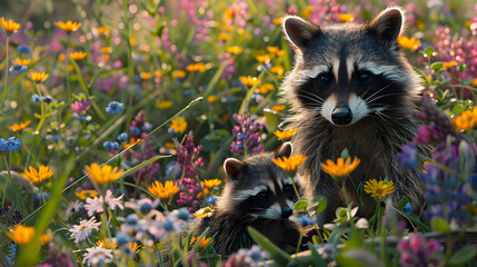 Cinematic photograph of Raccoon and baby in a field full of colorful blooming flowers. Mother's Day.