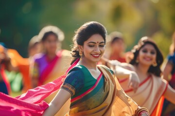 Colorful Indian Woman Dancing with a Large Pink Sari. Fictional Character Created By Generated By Generated AI.