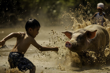 Boy with a pig in a dirt. Never wrestle with a pig because you will both get dirty and the pig likes it. Neural network generated image. Not based on any actual scene or pattern.