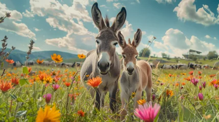 Foto op Plexiglas Cinematic photograph of donkey and baby in a field full of colorful blooming flowers. Mother's Day. © MadSwordfish