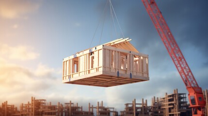 Crane holding wooden house or modular wood construction will be used to the new building concept.