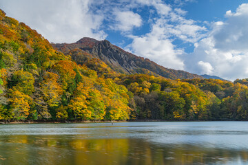 日本　青森県西津軽郡深浦町の白神山地西部に位置する湖沼群、十二湖の鶏頭場の池からの崩山の大崩と紅葉