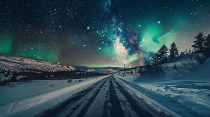 Aurora borealis, Northern lights over road in winter, Northern lights over the road in the mountains. Winter landscape with milky way - Powered by Adobe