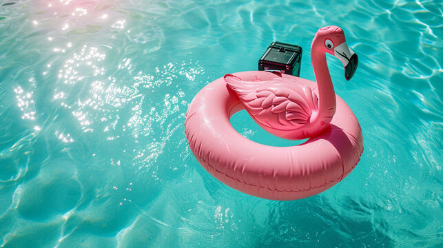 Pink flamingo inflatable belt with travel suitcase in turquoise blue water. Generative Ai
