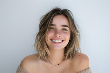 Fototapeta premium portrait of a young woman posing in front of white background smiling
