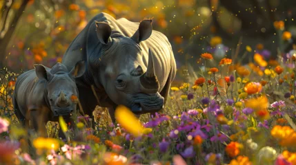 Zelfklevend Fotobehang Cinematic photograph of rhino and baby in a field full of colorful blooming flowers. Mother's Day. © MadSwordfish