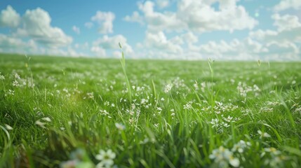Obraz premium vibrant green meadow bathed in sunlight, dotted with delicate white flowers under a sky of fluffy white clouds