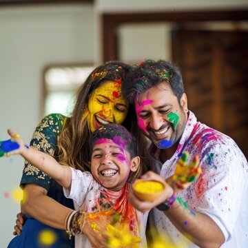 Family of three smiling and playing with colorful powder. Fictional Character Created By Generated By Generated AI.