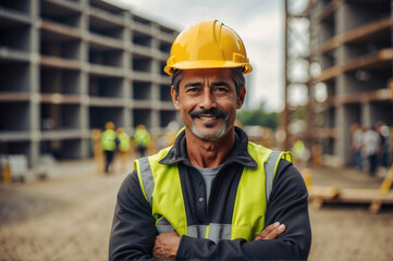 Fototapeta premium Close-up Portrait of a handsome smiling male builder wearing an orange uniform and helmet against the background of a building under construction