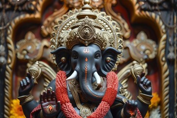 Obraz premium Deity of the Goddess Kali, depicted as a Hindu statue or idol, adorned with jewels and a golden crown - 3D. Fictional Character Created By Generated By Generated AI.