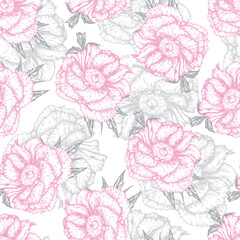 A botanical summer pattern with hand-painted peonies, delicate in gray and pink colors for design, scrapbooking and fabrics. Vector seamless pattern with floral elements on a white background