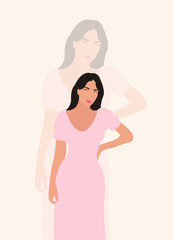 Illustration of a girl in a pink dress on a light pink background.
