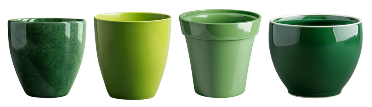 Collection of green empty pots/vases. Decor for the room. Isolated on transparent background.