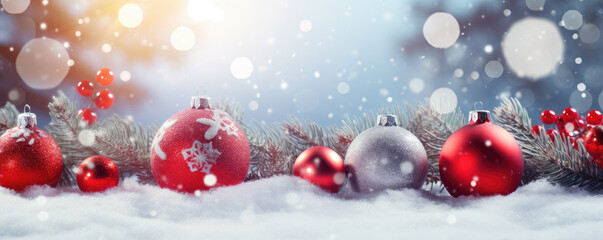 Naklejka na ściany i meble Beautiful bright christmas decoration with red christmass tree balls, amazing snow forrest background