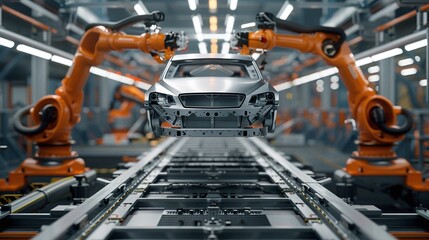 advanced manufacturing: automated robot arm assembly line in car factory digitalization industry, producing high-tech electric vehicles