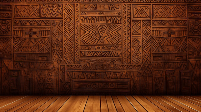 Fototapeta Starożytna mozaika azteków boho - ściana z kolorowych ornamentowych wzorków. Afrykańskie kształty.  Pomarańczowe i niebieskie odcienie