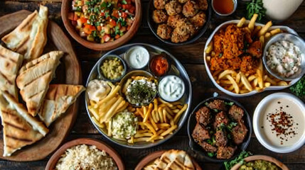 Greek food: fries, pita, chicken, pork gyro meat.