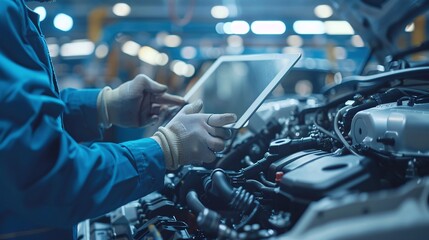 mechanic conducts hands-on engine inspection using tablet computer for automotive diagnostic and analysis