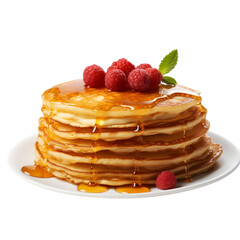 Stack of pancakes with maple syrup on transparent background