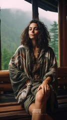 A woman in a blanket sits on the porch of a wooden house on a rainy, foggy day against the background of a pine forest in the mountains. Nature, Travel, Hiking, Picnic, Lifestyle, Summer concepts.