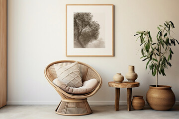 Step into the boho-chic atmosphere of a contemporary living space adorned with a wicker chair,...