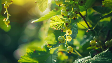 Green blackcurrant berries (Ribes nigrum) ripening. - obrazy, fototapety, plakaty