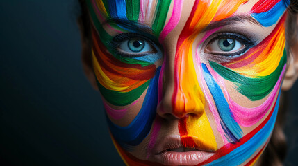 a woman's face with colorful lines painted on it