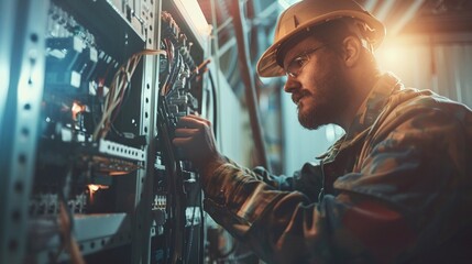 experienced technician works on switchboard with electrical connecting cable, providing reliable maintenance and repair service - obrazy, fototapety, plakaty