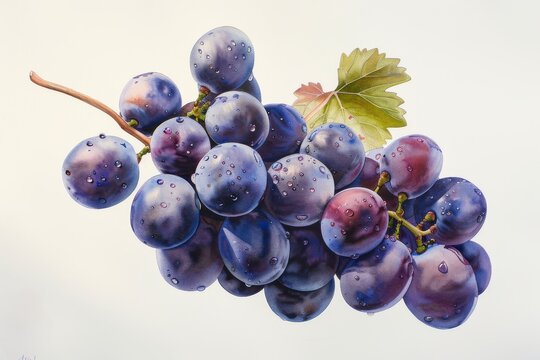 close-up of a watercolor painting of a bunch of purple grapes with a green stem and leaf, on a white background