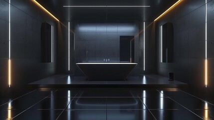 mesmerizing luxury black bathroom interior with futuristic lights, showcasing a sleek and sophisticated design for a high-end spa experience