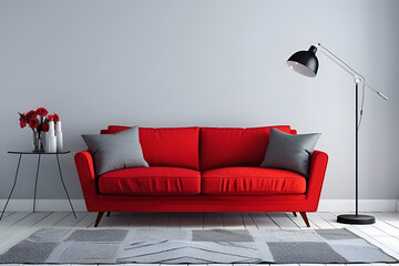 modern living room interior with a red stylish sofa and a lamp
