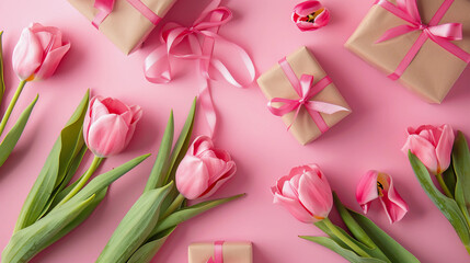 Obraz na płótnie Canvas pink tulips and gift boxes on a pink background