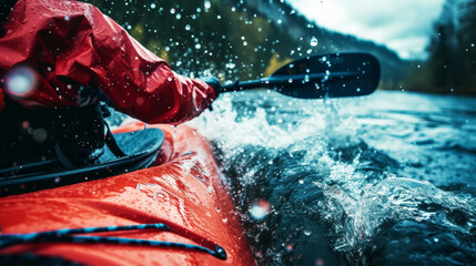 Fototapeta premium Man in kayak with paddle. Back view. Splashes of water of mountain river. Extreme kayak sport concept. Generative AI