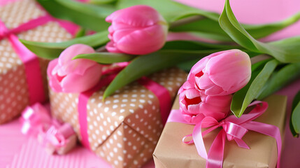 pink tulips and wrapped presents on a pink background.