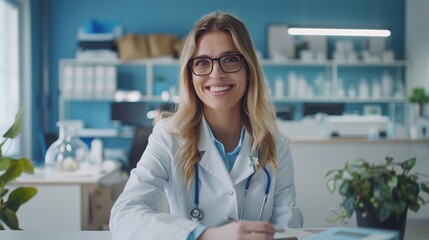 professional female doctor working at desk and smiling at camera, office setting in background