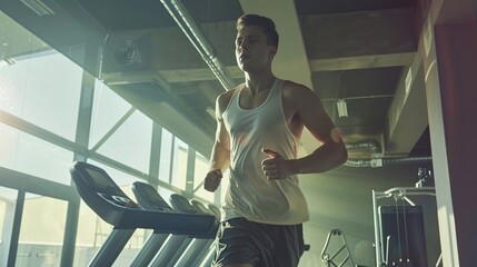 dynamic fitness session with young man in sportswear running on treadmill at gym for health and...