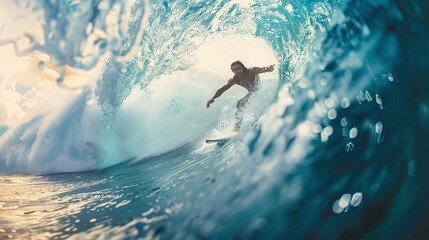 breathtaking surfing action with closeup of surfer riding big wave barrel, showcasing extreme water sport adventure